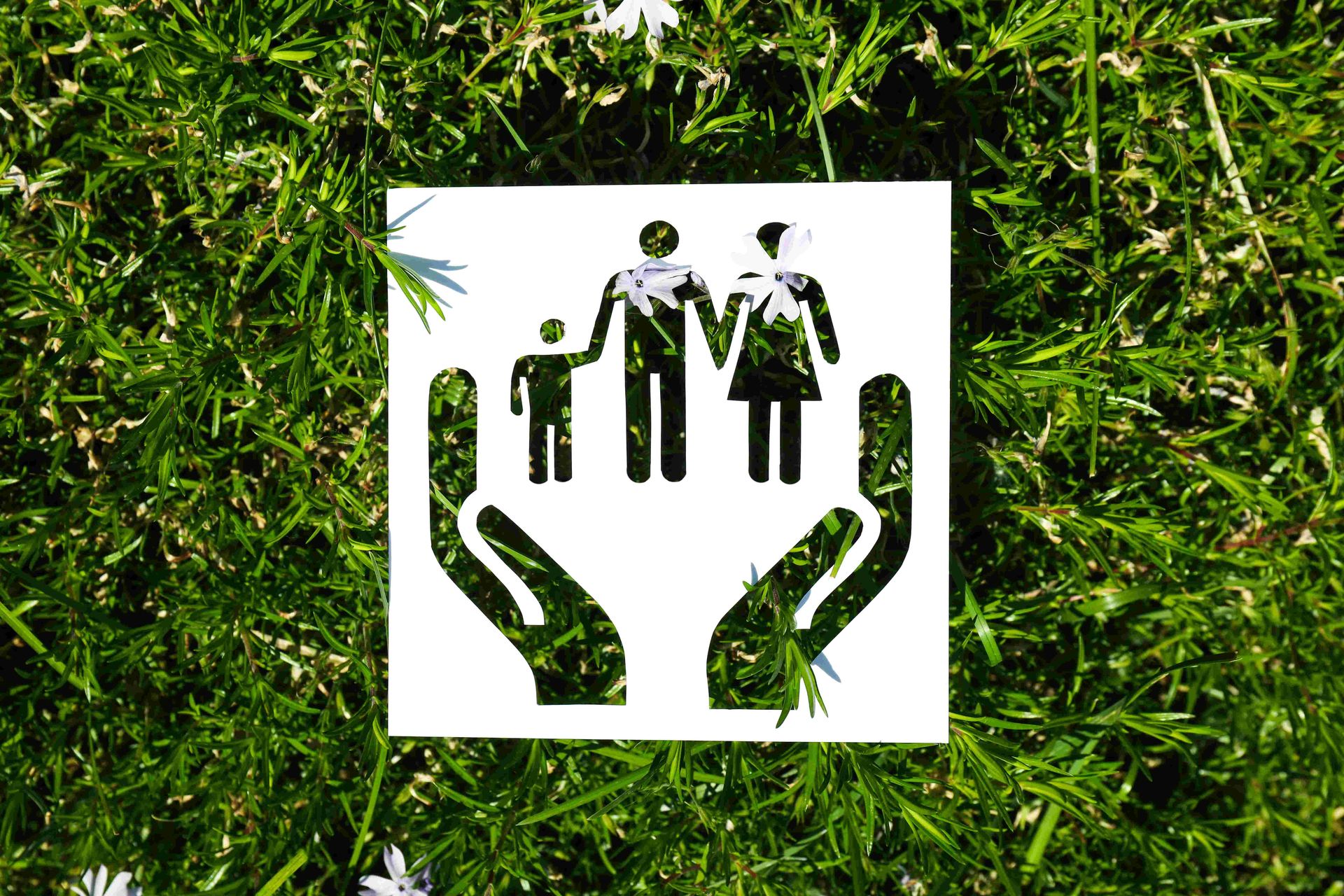 Cut-out silhouette of family protected by hands on green grass background representing sustainability and environmental care