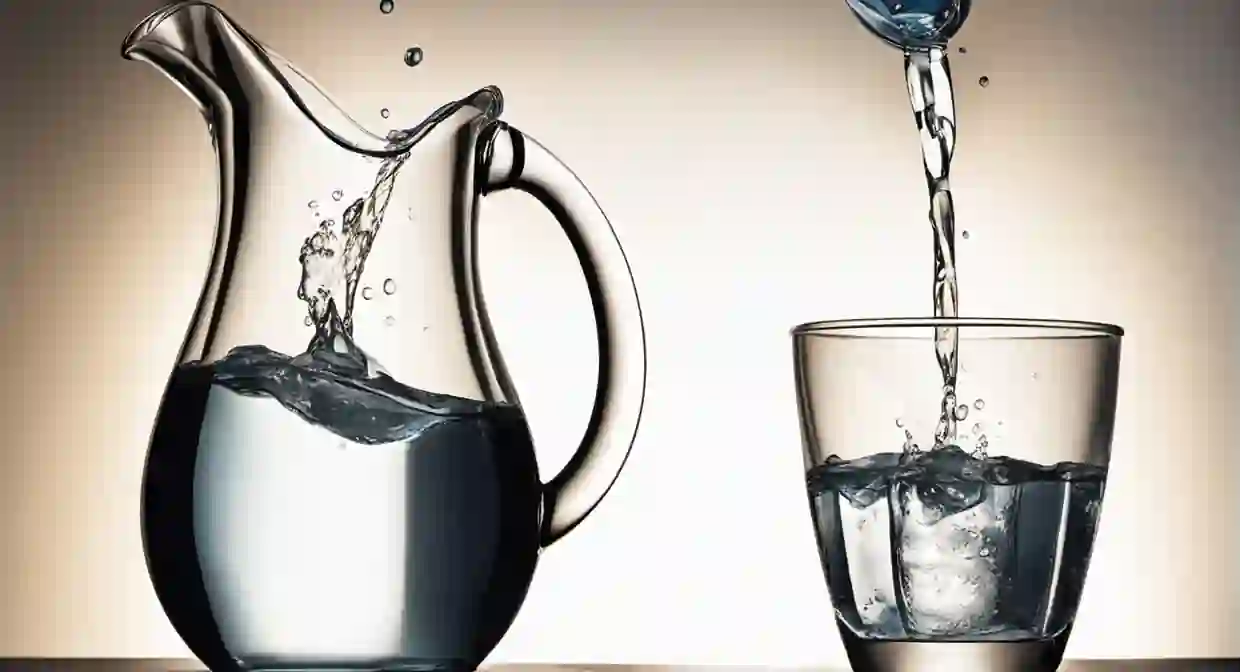 Glass pitcher pouring water into a glass, symbolizing the purity and sustainability of bottle-less water systems by CLEARTIDE Hydration Systems.