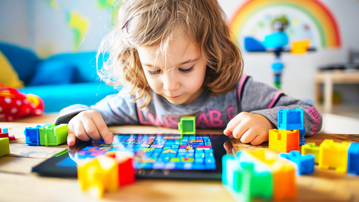 A child focused on a tablet, surrounded by colorful toys, representing cognitive development in children. Cleartide bottleless water in Boston supports hydration for improved performance.