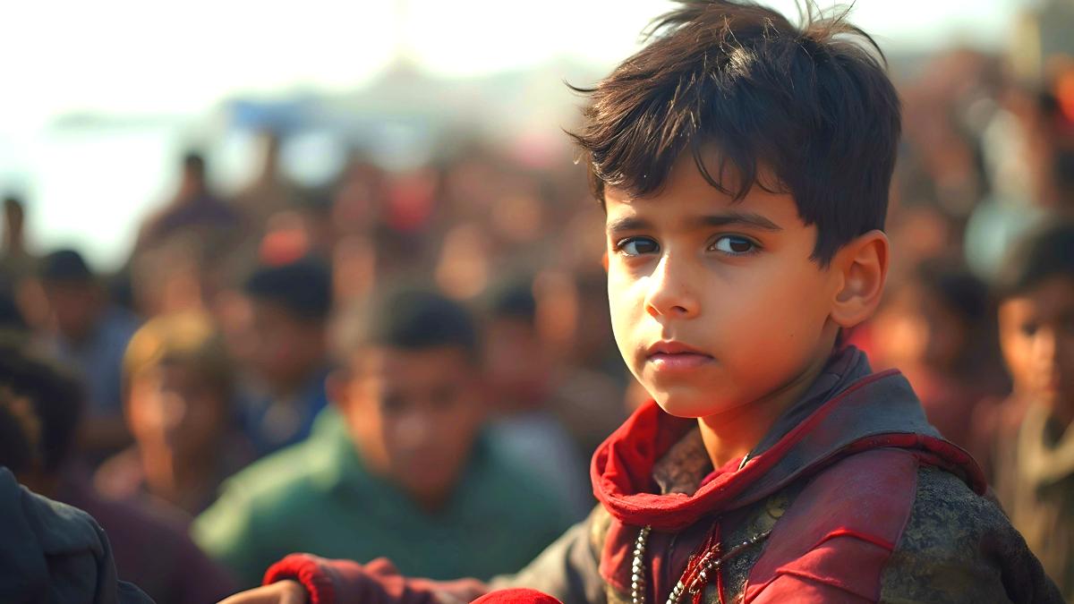 A young boy standing in a crowd, symbolizing the need for further research on hydration and cognitive development. Cleartide bottleless water in Boston addresses hydration needs for better cognitive performance.