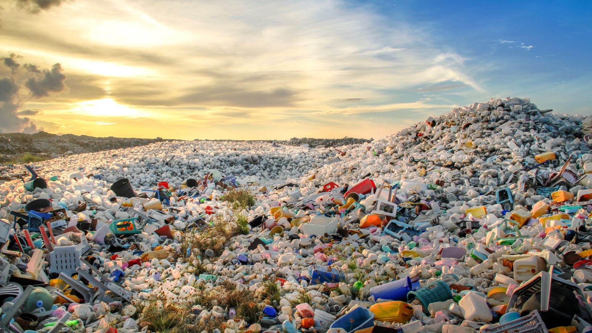 Massive pile of discarded plastic bottles contributing to pollution at sunset, highlighting the need for sustainable bottle-less water solutions like CLEARTIDE Hydration Systems.