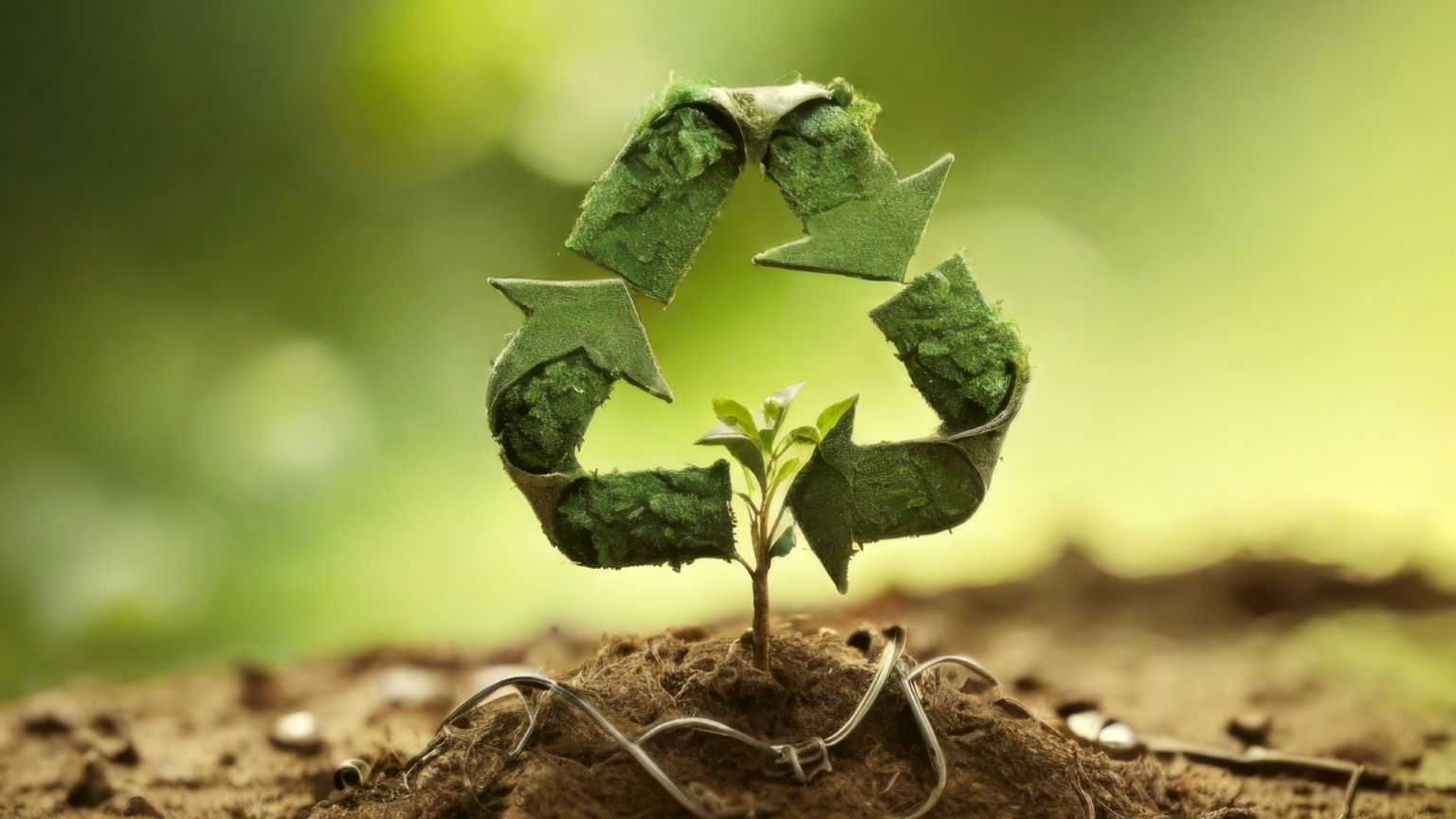 Green recycling symbol shaped as leaves growing from soil, representing global efforts in sustainable plastic waste management and recycling innovations.