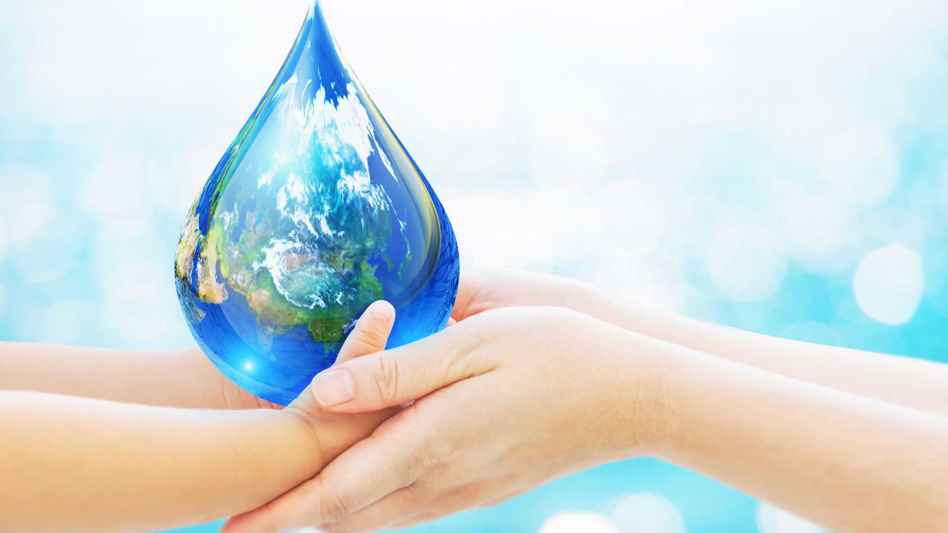 Hands holding a water droplet with Earth inside, symbolizing the role of businesses in sustainable practices to reduce plastic use globally.