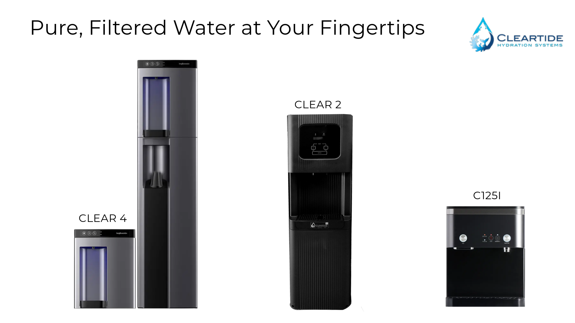 Range of bottle-less water dispensers by CLEARTIDE Hydration Systems, including models CLEAR 2, CLEAR 4, and C125I, showcasing sustainable water solutions for businesses